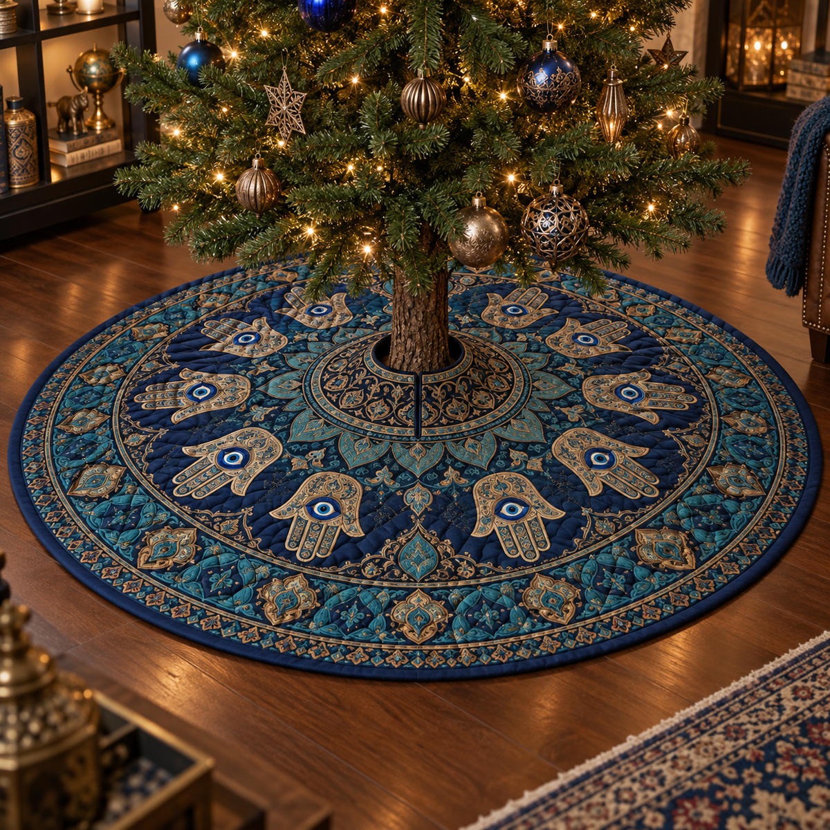 Hamsa Eye Collector Tree Skirt with flat printed optical 3D Hamsa hand, dark sapphire eye and indigo oxidized-teal antique-bronze filigree