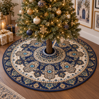 Hamsa Eye Apartment Gallery Tree Skirt with flat printed optical 3D Hamsa hand, turquoise eye and indigo pearl old-gold mosaic filigree