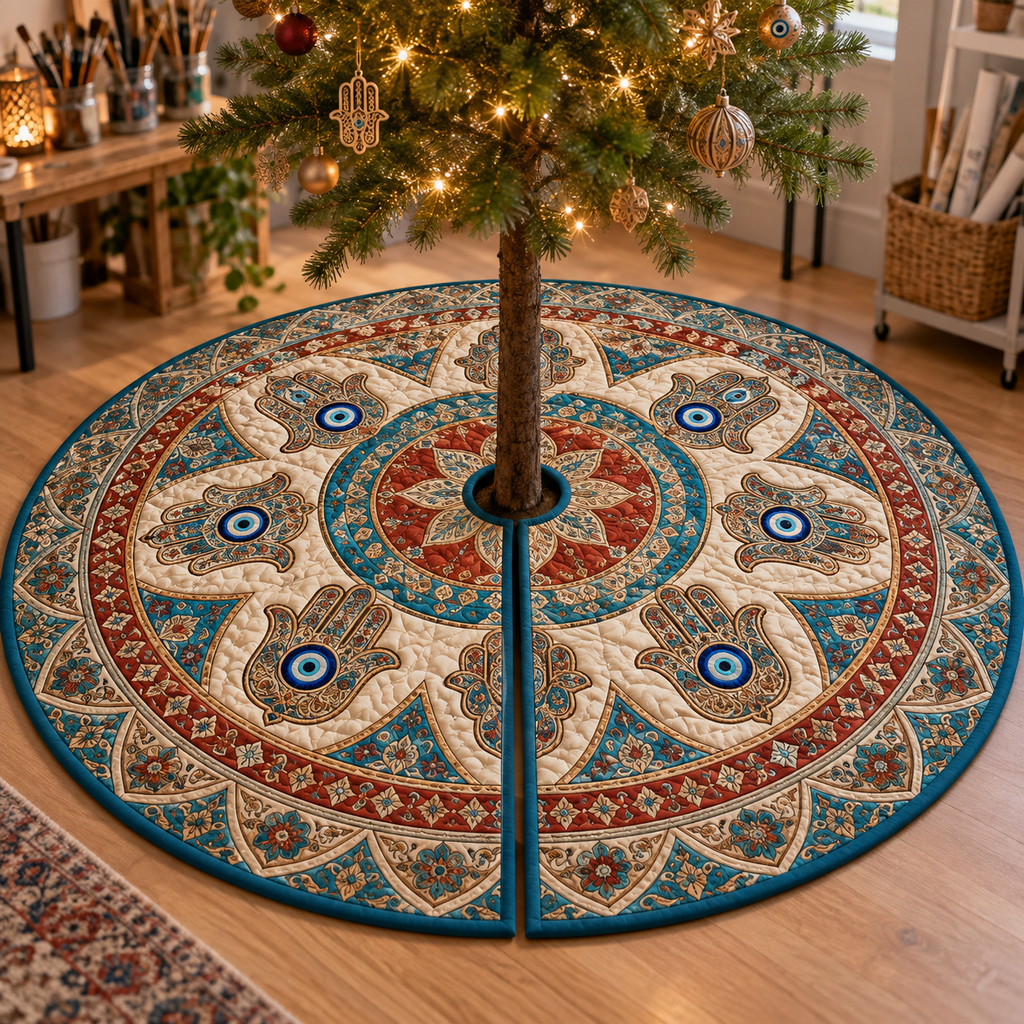 Hamsa Eye Hobby Studio Tree Skirt with flat printed optical 3D Hamsa hand, cobalt eye and turquoise rust-red parchment filigree