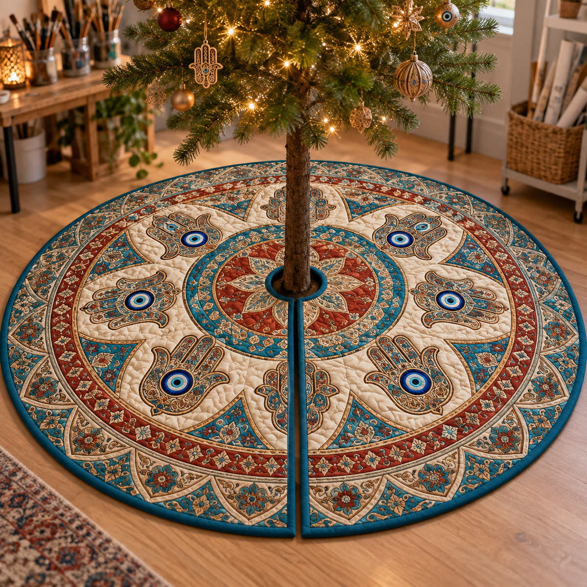 Hamsa Eye Hobby Studio Tree Skirt with flat printed optical 3D Hamsa hand, cobalt eye and turquoise rust-red parchment filigree