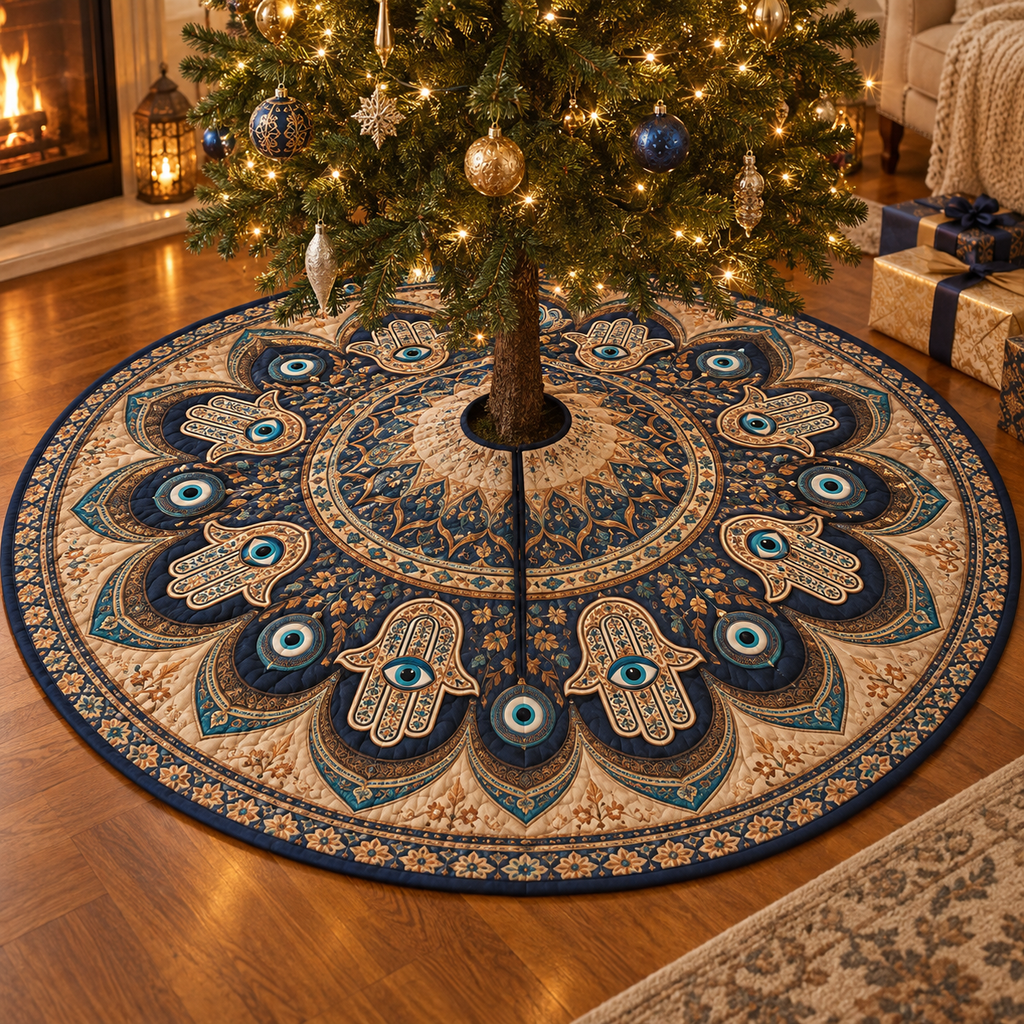 Hamsa Eye Host Gift Tree Skirt with flat printed optical 3D Hamsa hand, deep teal eye and sapphire sand copper filigree