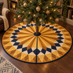 Geometric Sunburst Reading Nook Tree Skirt with flat printed optical 3D faceted amber golden-ochre rays, navy and cream tessellated bands