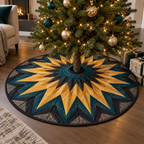 Geometric Sunburst Living Room Tree Skirt with flat printed optical 3D saffron-gold sunburst rays and charcoal deep-teal chevrons
