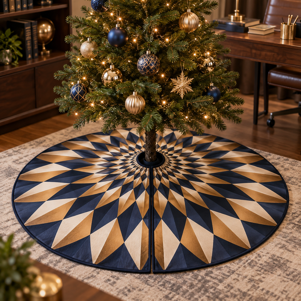 Geometric Sunburst Home Office Tree Skirt with flat printed optical 3D copper-gold sunburst rays and navy-ivory chevrons