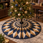 Geometric Sunburst Home Office Tree Skirt with flat printed optical 3D copper-gold sunburst rays and navy-ivory chevrons