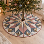 Geometric Sunburst Quiet Corner Tree Skirt with flat printed optical 3D dusty-rose and antique-brass sunburst rays and slate-blue facets