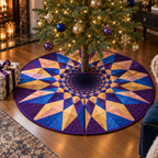 Geometric Sunburst Collector Tree Skirt with flat printed optical 3D amethyst and warm-gold sunburst rays and cobalt-peach facets