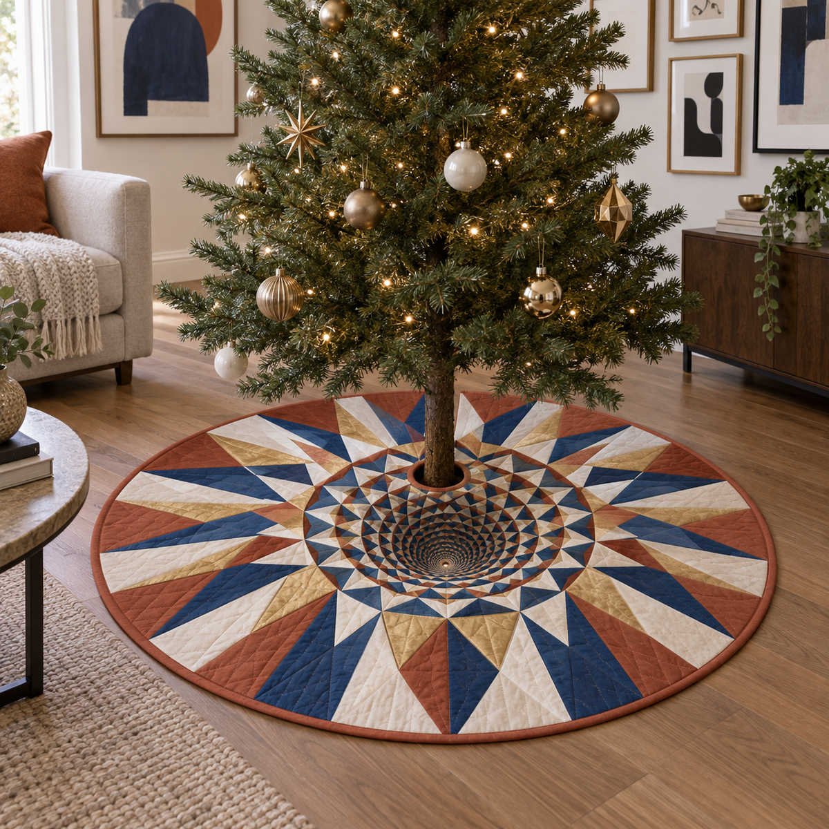 Geometric Sunburst Apartment Tree Skirt with flat printed optical 3D terracotta and ultramarine sunburst rays and ivory facets