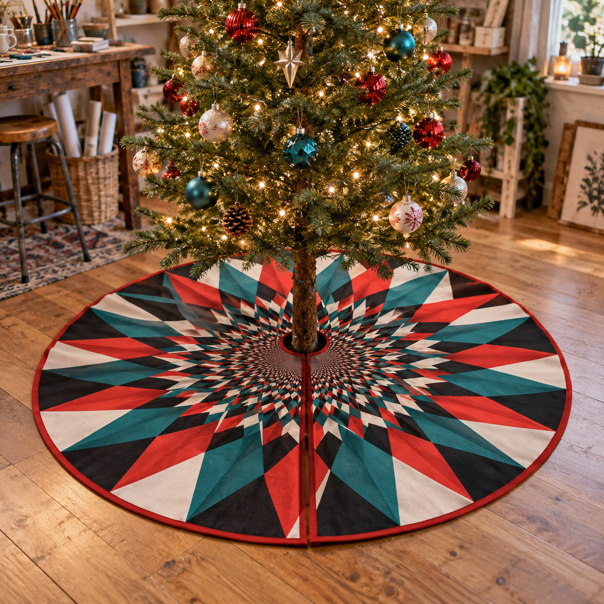 Geometric Sunburst Hobby Studio Tree Skirt with flat printed optical 3D vermilion and teal sunburst rays and ivory facets