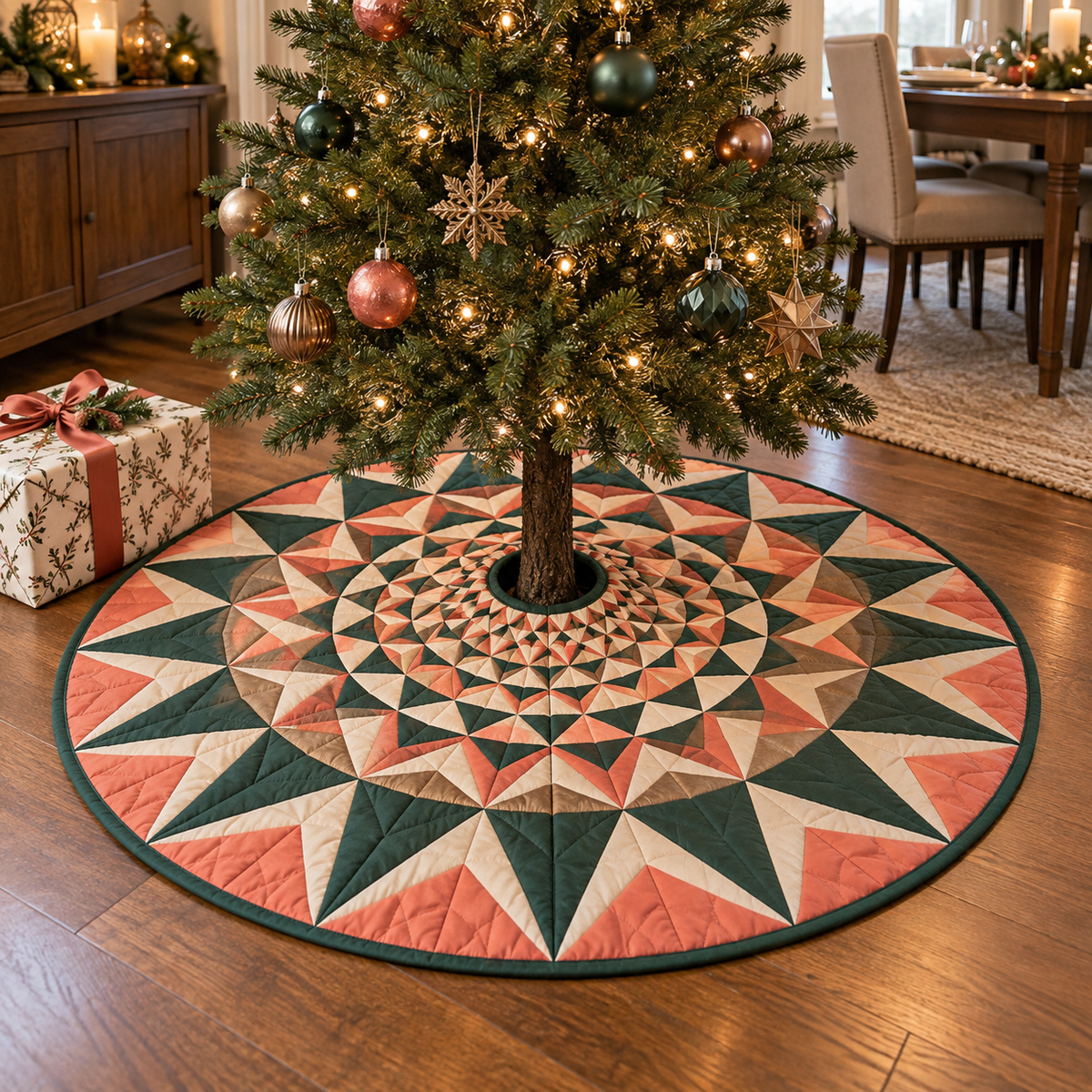 Geometric Sunburst Host Gift Tree Skirt with flat printed optical 3D sunset-coral and forest-green sunburst rays and cream facets