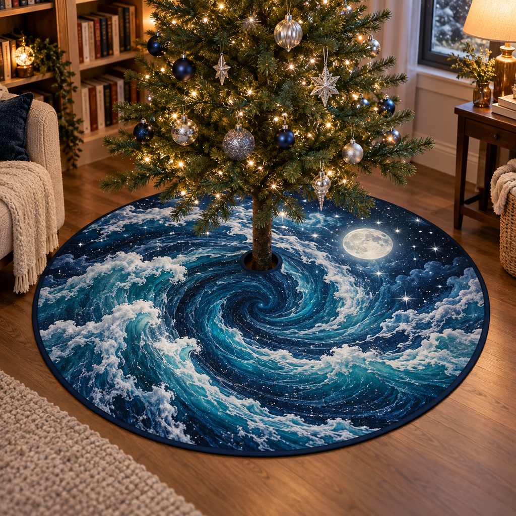 Celestial Ocean Tide Reading Nook Tree Skirt with flat printed optical 3D indigo-turquoise moonlit waves and silver-white crescent