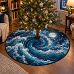 Celestial Ocean Tide Reading Nook Tree Skirt with flat printed optical 3D indigo-turquoise moonlit waves and silver-white crescent