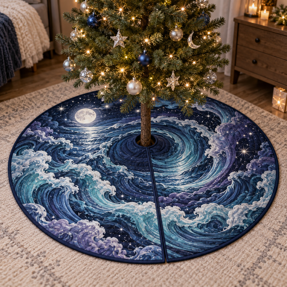 Celestial Ocean Tide Bedroom Tree Skirt with flat printed optical 3D midnight-navy and aqua moonlit waves and pearl-white crescent