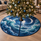 Celestial Ocean Tide Living Room Tree Skirt with flat printed optical 3D sapphire and sea-glass moonlit waves and pearl-white crescent