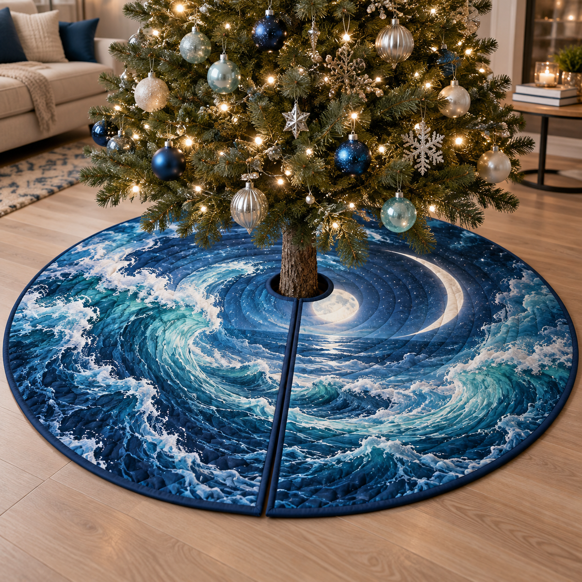 Celestial Ocean Tide Living Room Tree Skirt with flat printed optical 3D sapphire and sea-glass moonlit waves and pearl-white crescent