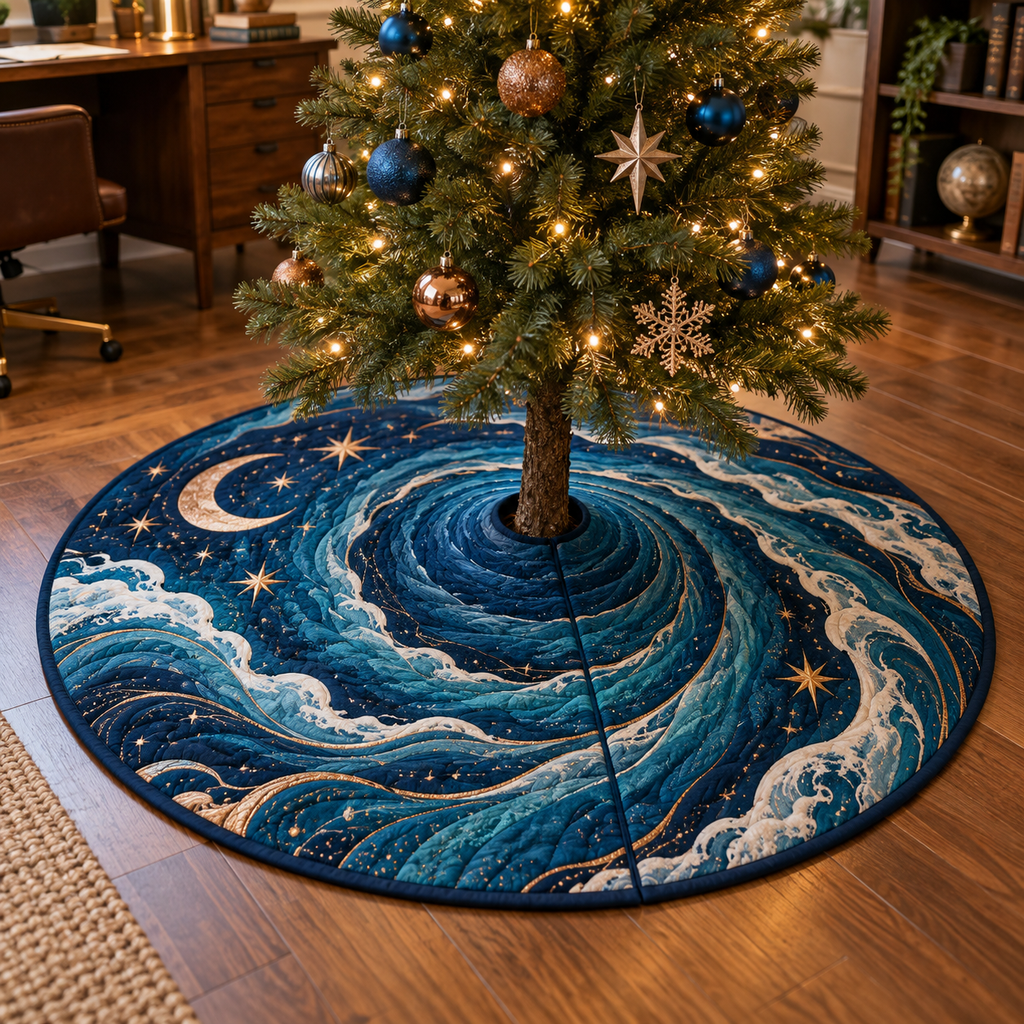 Celestial Ocean Tide Home Office Tree Skirt with flat printed optical 3D deep-teal and cobalt moonlit waves and moonstone-white crescent