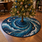Celestial Ocean Tide Home Office Tree Skirt with flat printed optical 3D deep-teal and cobalt moonlit waves and moonstone-white crescent