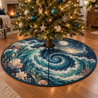 Celestial Ocean Tide Housewarming Tree Skirt with flat printed optical 3D sapphire and jade-teal moonlit tide arcs and ivory crescent