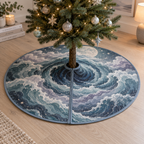 Celestial Ocean Tide Quiet Corner Tree Skirt with flat printed optical 3D seafoam and dusk-blue moonlit waves and pearl-white crescent