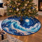 Celestial Ocean Tide Collector Tree Skirt with flat printed optical 3D royal-blue and turquoise moonlit waves and pearl-white crescent