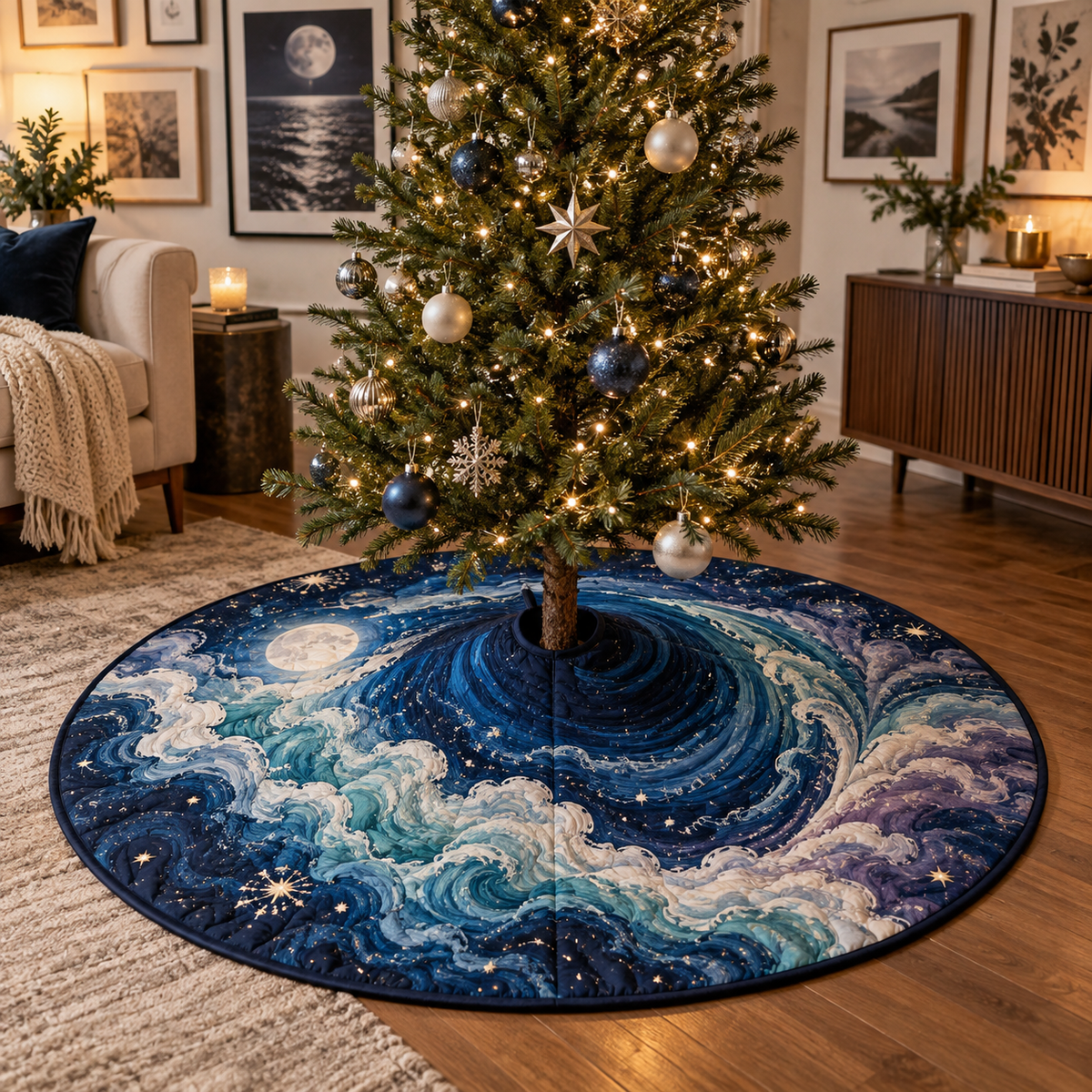 Celestial Ocean Tide Apartment Tree Skirt with flat printed optical 3D ultramarine-aquamarine moonlit waves and ivory crescent