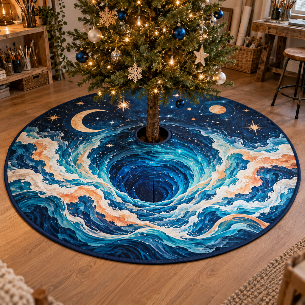 Celestial Ocean Tide Hobby Studio Tree Skirt with flat printed optical 3D ink-blue and cyan moonlit waves and pearl-white crescent