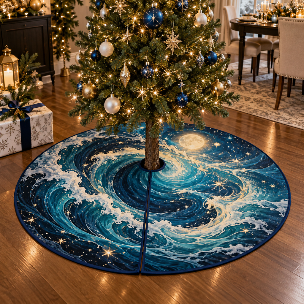Celestial Ocean Tide Host Gift Tree Skirt with flat printed optical 3D teal-blue and indigo moonlit waves and pearl-white crescent
