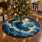 Celestial Ocean Tide Host Gift Tree Skirt with flat printed optical 3D teal-blue and indigo moonlit waves and pearl-white crescent