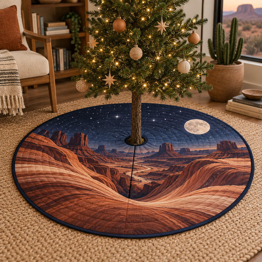 Desert Night Sky Reading Nook Tree Skirt with flat printed optical 3D indigo night sky, terracotta dunes and pale moon