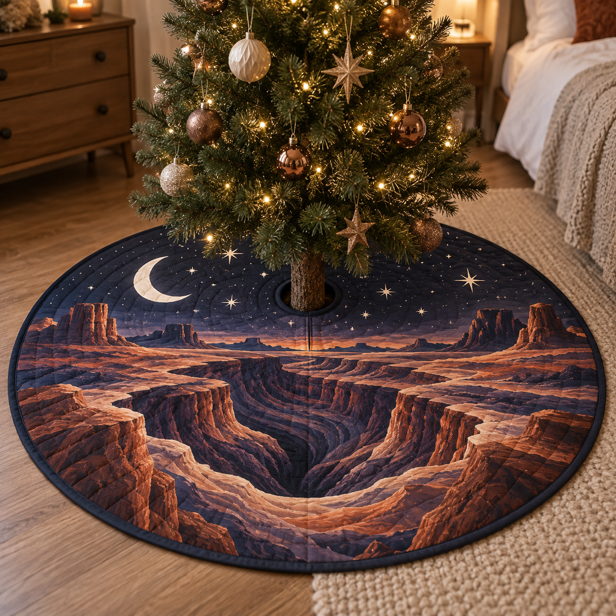 Desert Night Sky Bedroom Tree Skirt with flat printed optical 3D midnight-violet starfield, terracotta dunes and pale moon