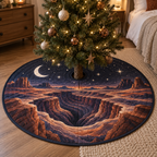 Desert Night Sky Bedroom Tree Skirt with flat printed optical 3D midnight-violet starfield, terracotta dunes and pale moon