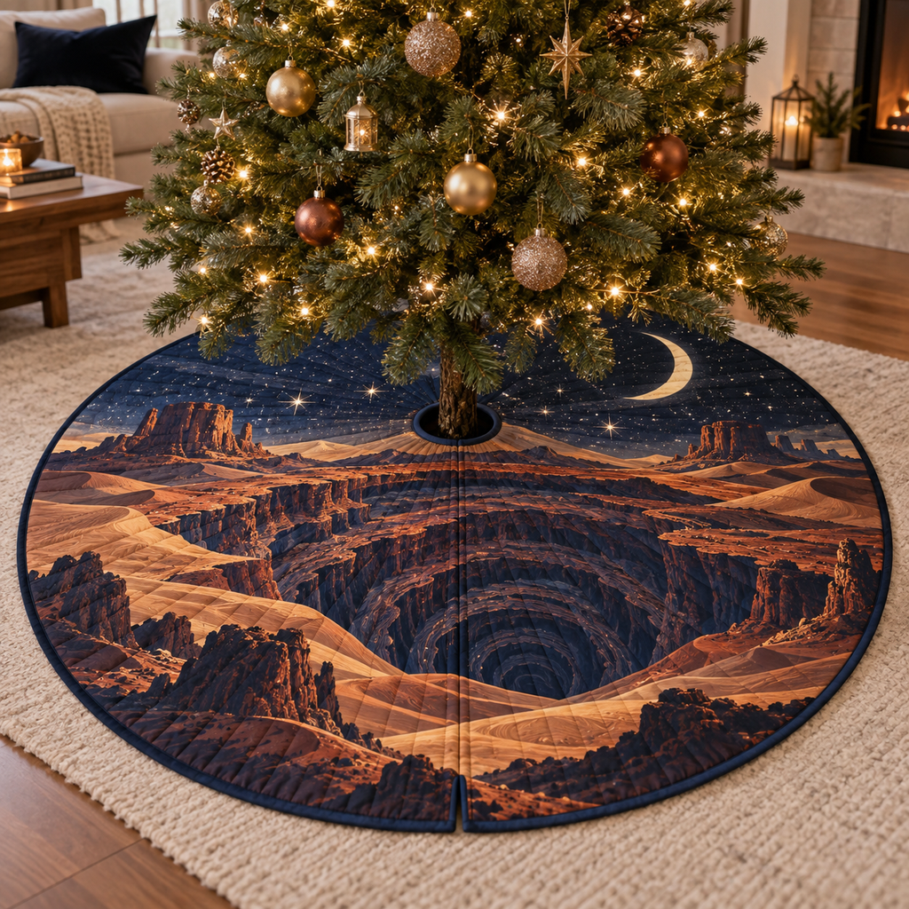Desert Night Sky Living Room Tree Skirt with flat printed optical 3D indigo starfield, burnt-sienna dunes and pale moon