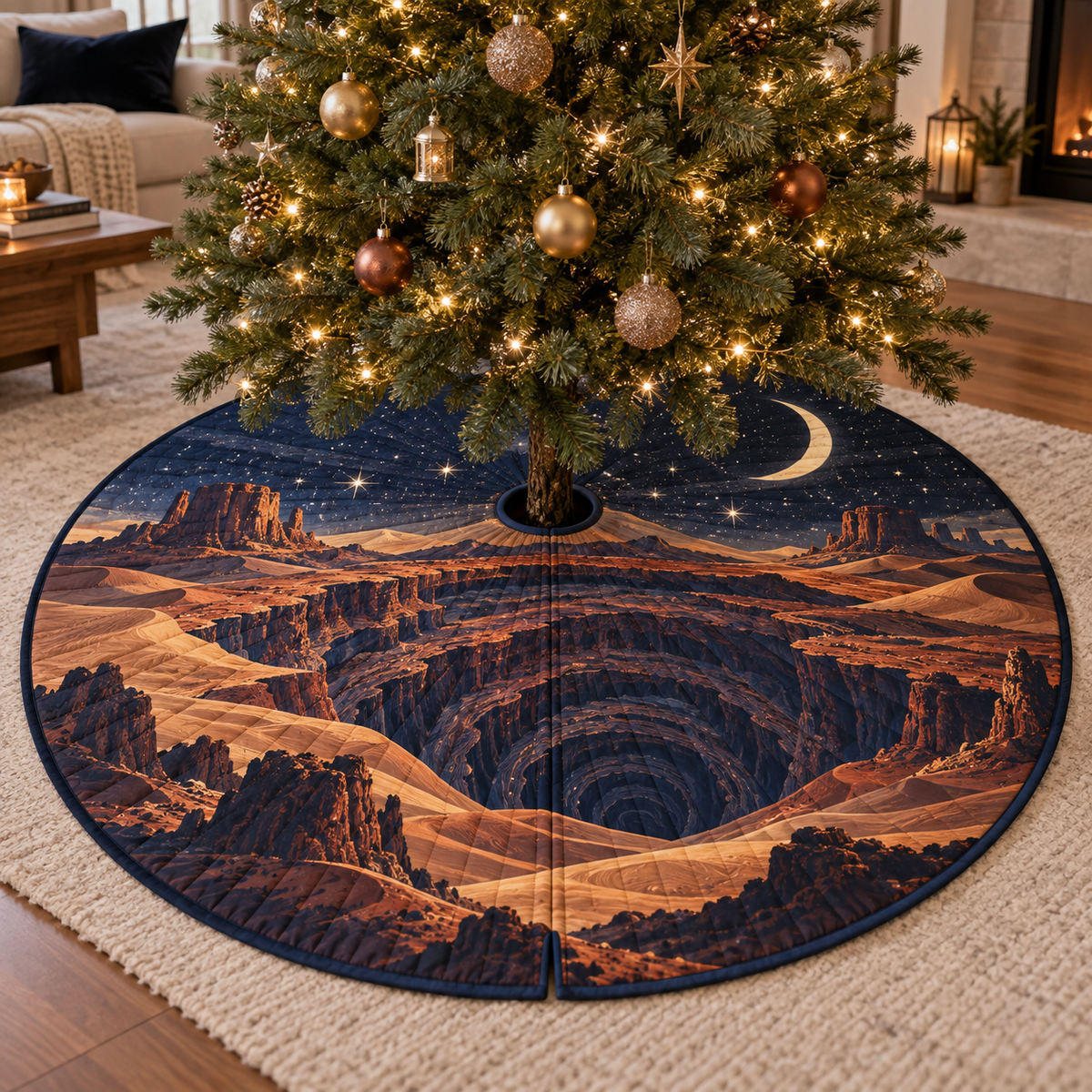 Desert Night Sky Living Room Tree Skirt with flat printed optical 3D indigo starfield, burnt-sienna dunes and pale moon