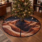 Desert Night Sky Home Office Tree Skirt with flat printed optical 3D blue-black starfield, rust sandstone dunes and pale moon