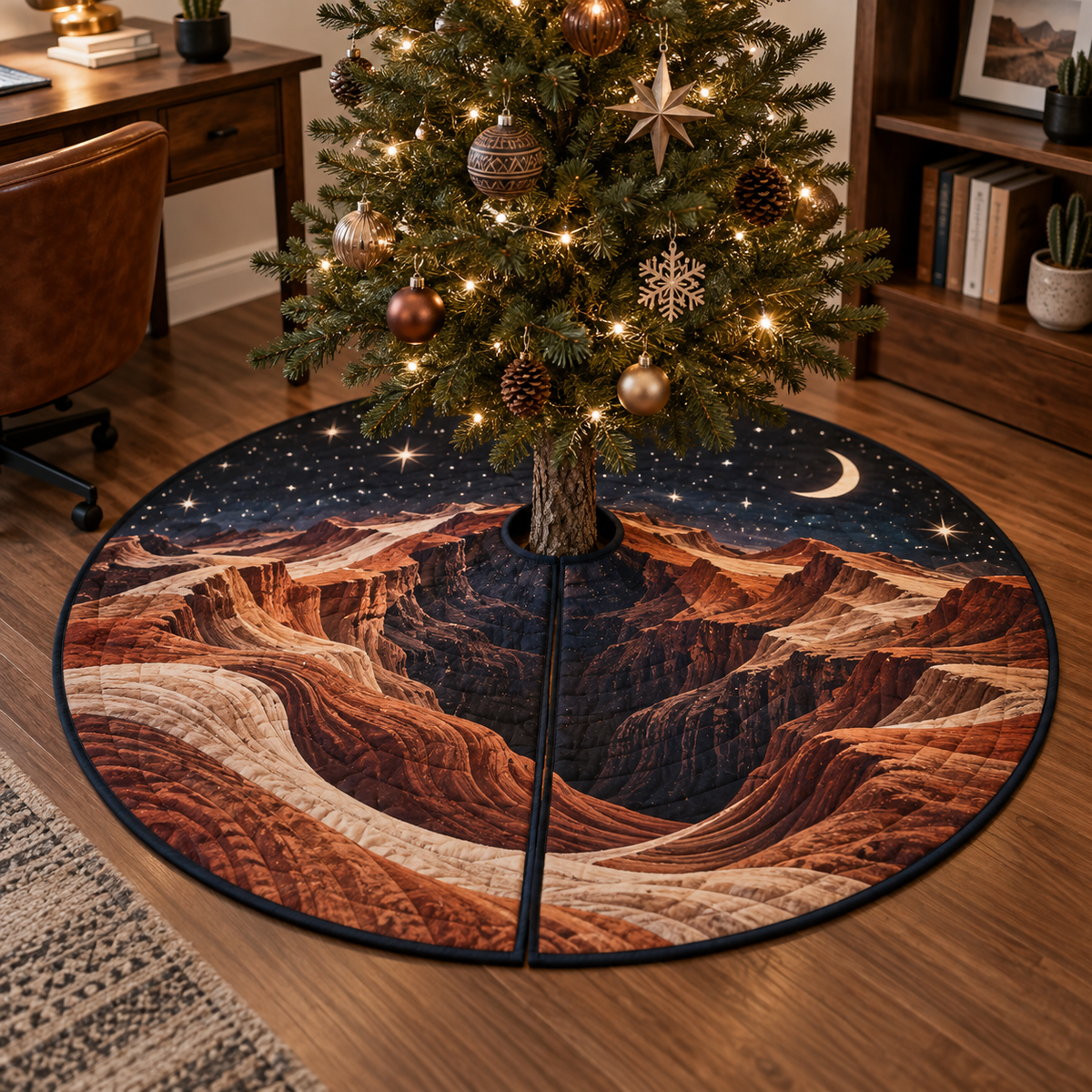 Desert Night Sky Home Office Tree Skirt with flat printed optical 3D blue-black starfield, rust sandstone dunes and pale moon