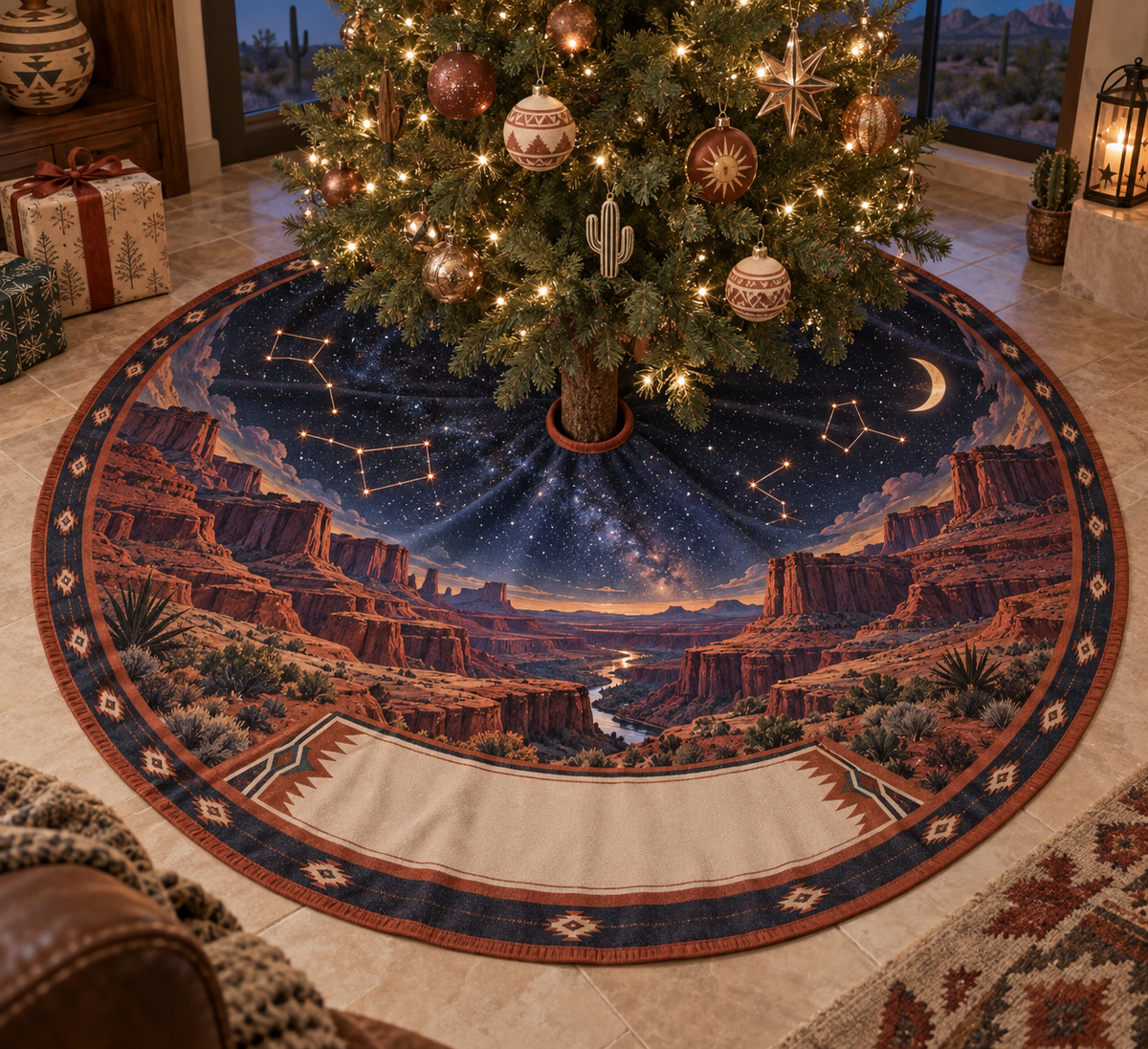 Desert Night Sky Housewarming Tree Skirt with flat printed optical 3D indigo stars, copper moon and terracotta desert mesas
