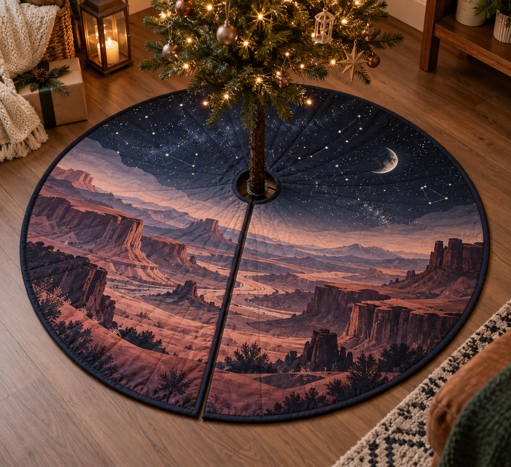 Desert Night Sky Quiet Corner Tree Skirt with flat printed optical 3D indigo stars, muted rose canyon terraces and moon halo
