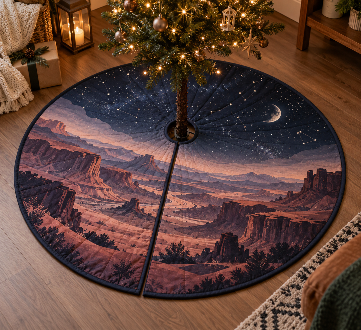 Desert Night Sky Quiet Corner Tree Skirt with flat printed optical 3D indigo stars, muted rose canyon terraces and moon halo