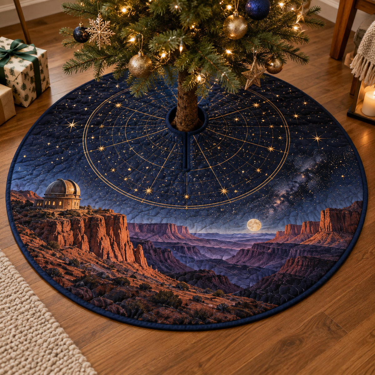 Desert Night Sky Birthday Tree Skirt with flat printed optical 3D midnight stars, copper crescent and violet desert mesas