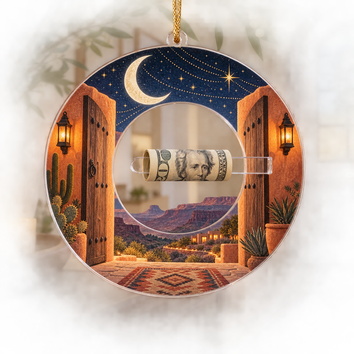 Desert Night Sky Gallery Tree Skirt with flat printed optical 3D cobalt stars, ivory crescent and sienna desert mesas