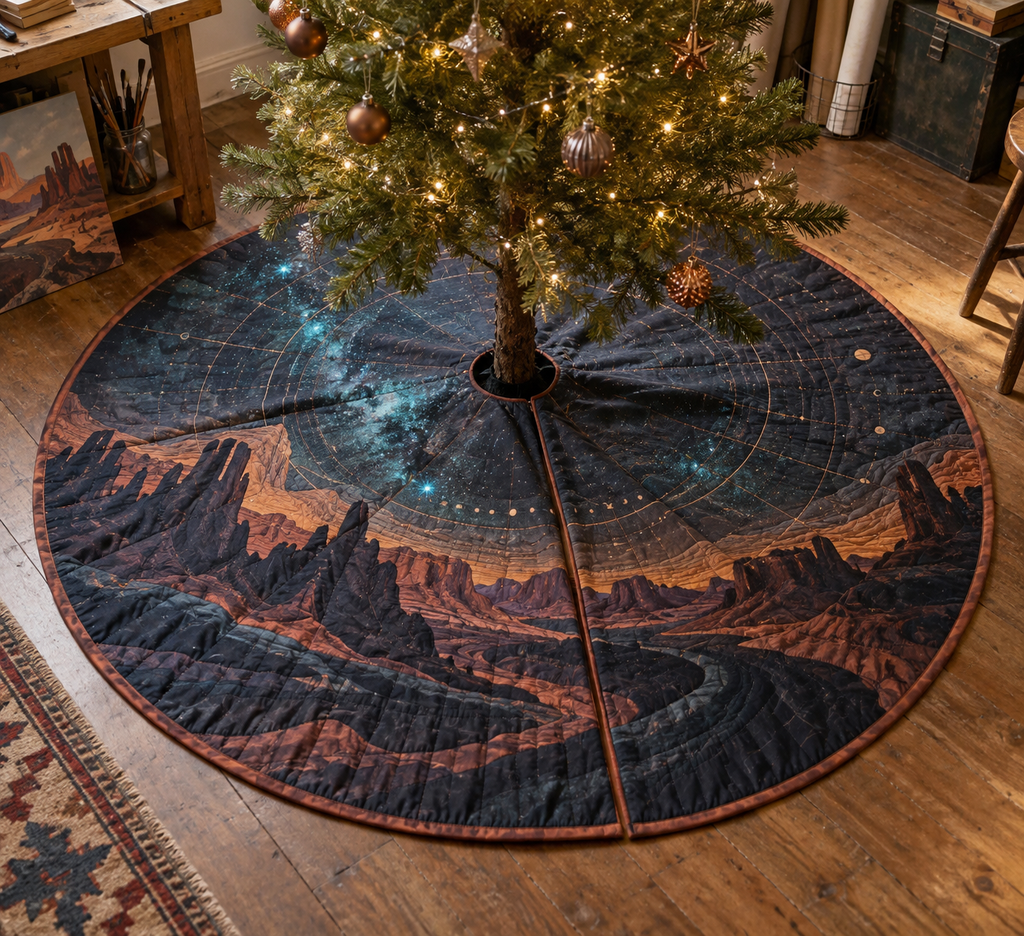 Desert Night Sky Studio Tree Skirt with flat printed optical 3D turquoise stars, copper mesas and terracotta canyon corridors