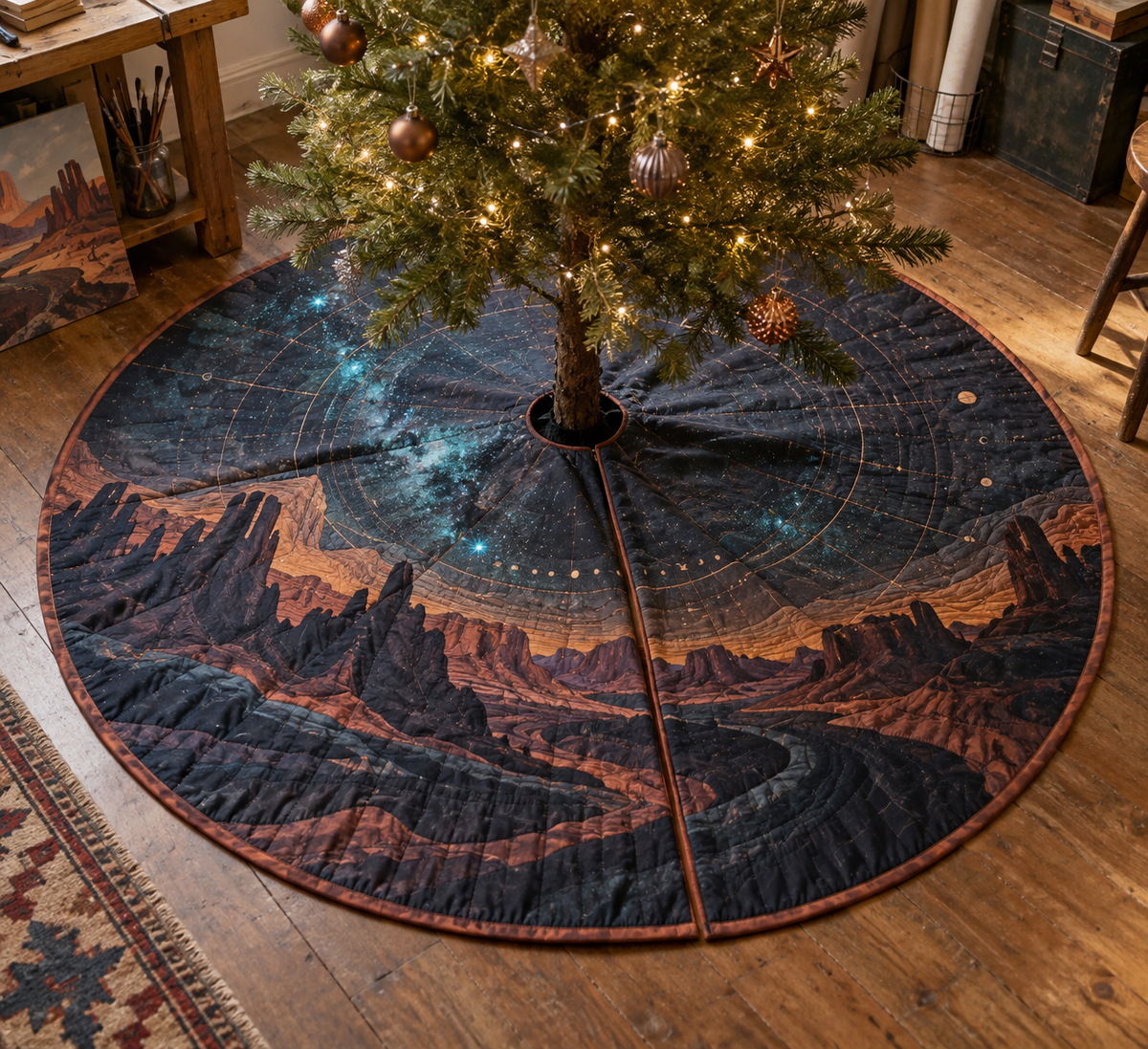 Desert Night Sky Studio Tree Skirt with flat printed optical 3D turquoise stars, copper mesas and terracotta canyon corridors
