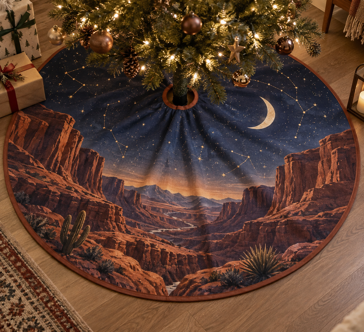 Desert Night Sky Host Gift Tree Skirt with flat printed optical 3D navy stars, copper moon and terracotta desert mesas