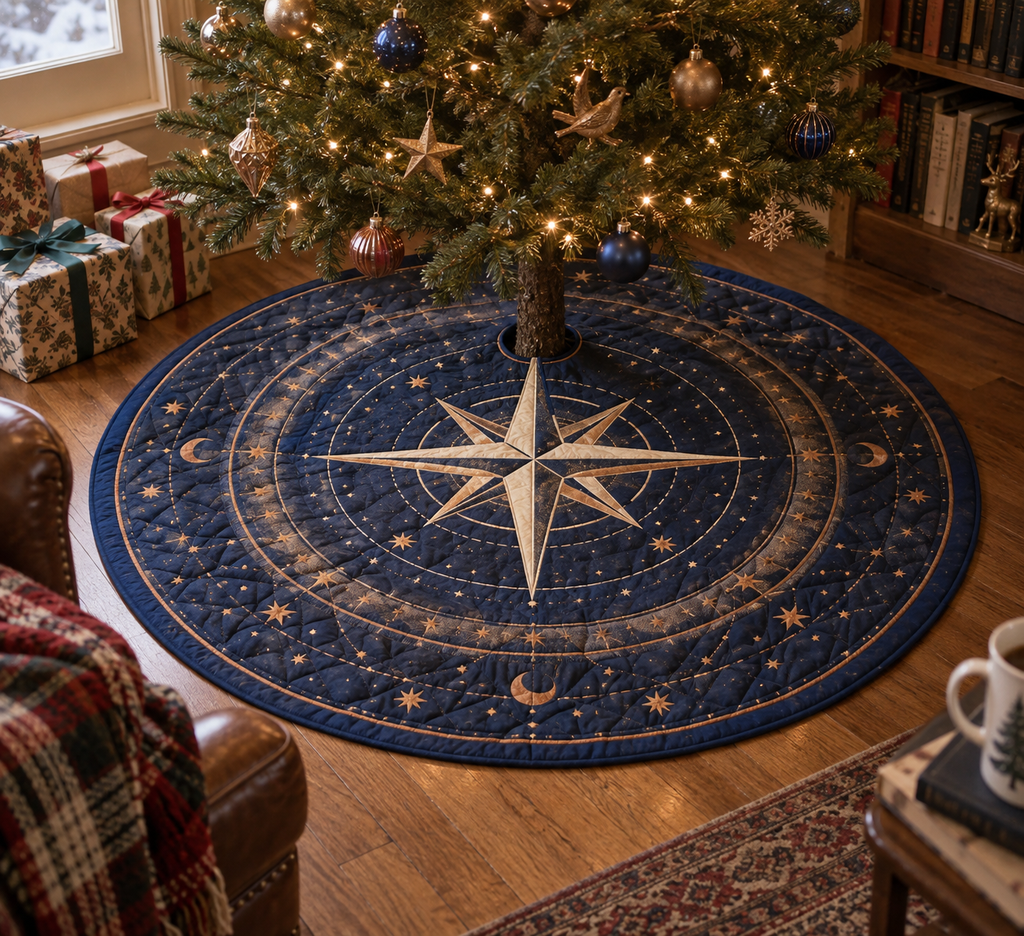 Star Compass Reading Nook Tree Skirt with flat printed optical 3D ivory compass rose, indigo celestial rings and copper star routes