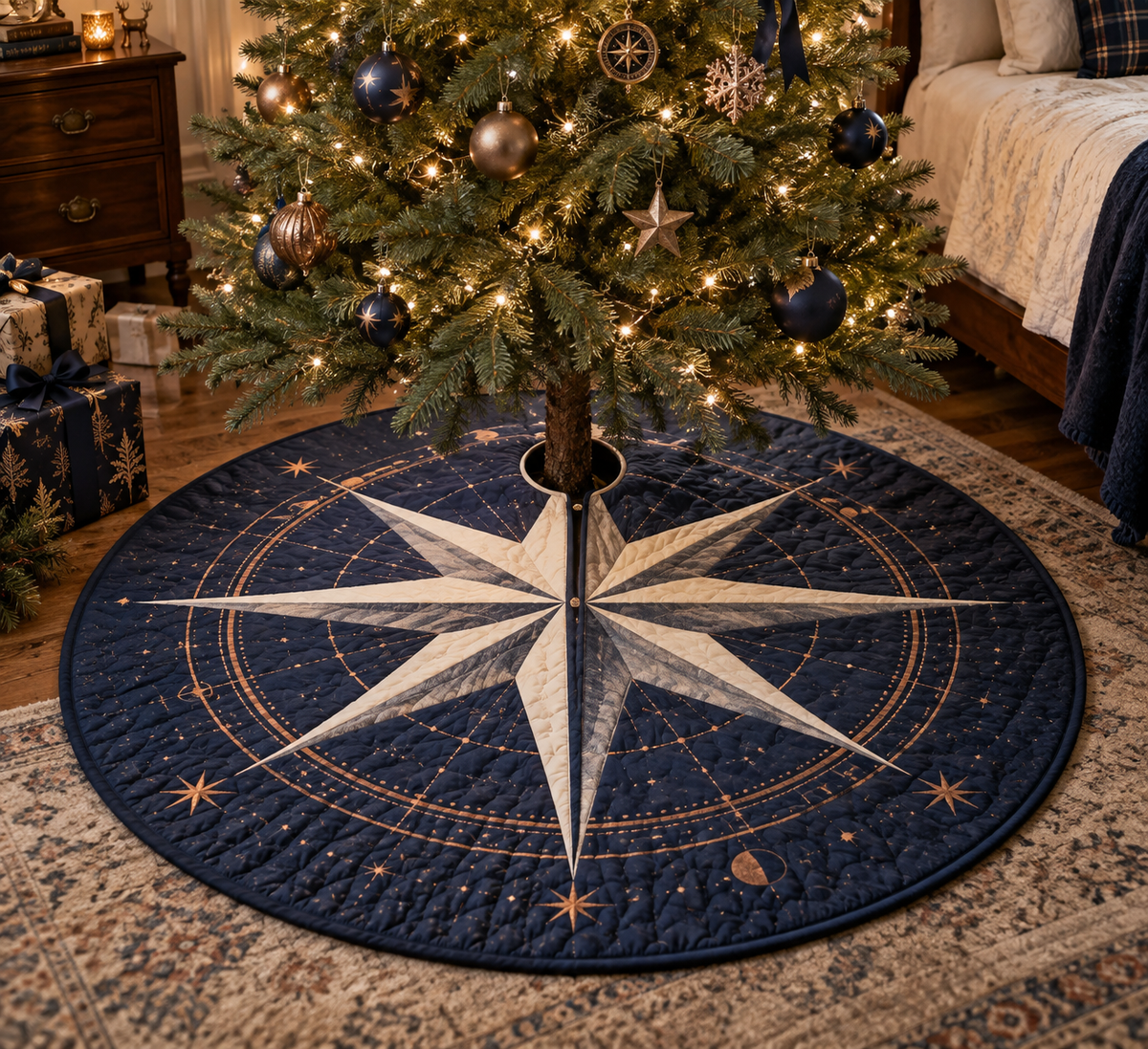 Star Compass Bedroom Tree Skirt with flat printed optical 3D ivory compass rose, copper navigation rays and midnight star rings