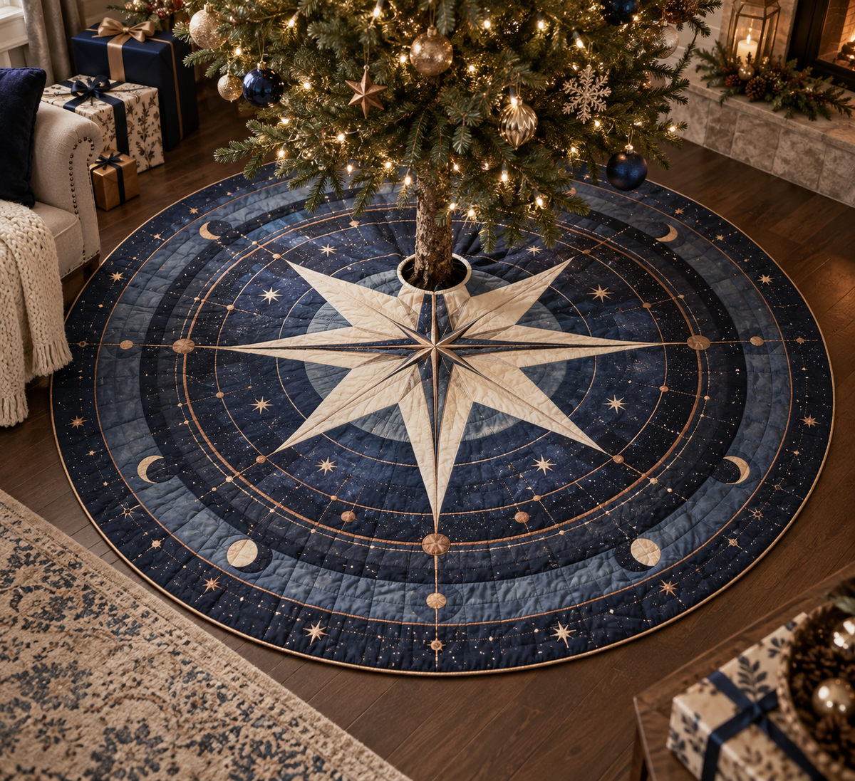 Star Compass Living Room Tree Skirt with flat printed optical 3D ivory compass rose, copper rays and midnight-blue celestial rings
