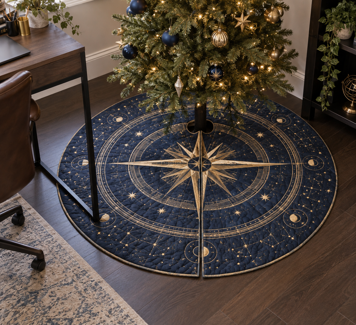 Star Compass Home Office Tree Skirt with flat printed optical 3D ivory compass rose, antique brass rays and midnight navigation rings