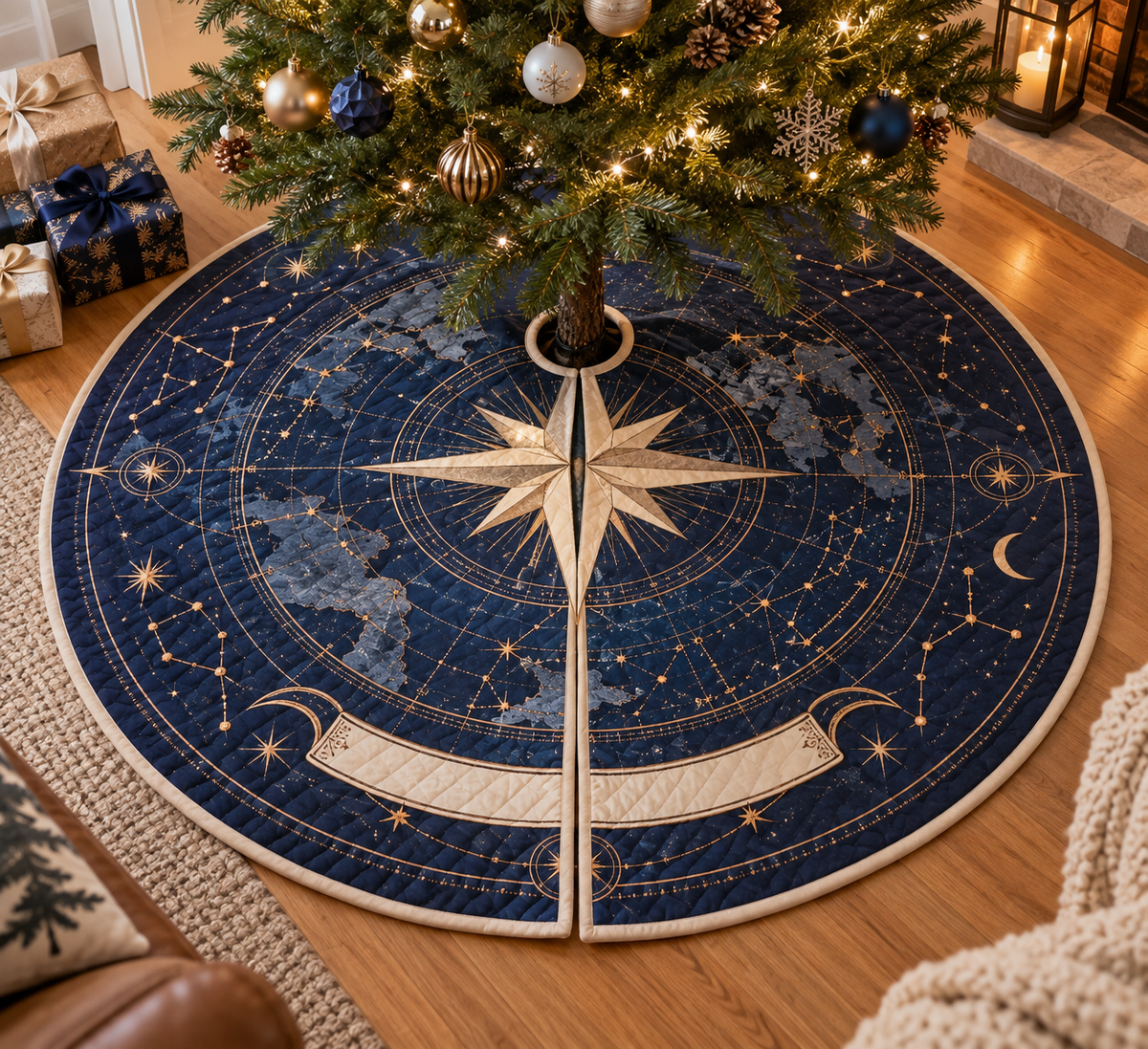 Star Compass Housewarming Tree Skirt with flat printed optical 3D ivory compass rose, indigo star-map rings and copper navigation rays