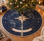 Star Compass Housewarming Tree Skirt with flat printed optical 3D ivory compass rose, indigo star-map rings and copper navigation rays