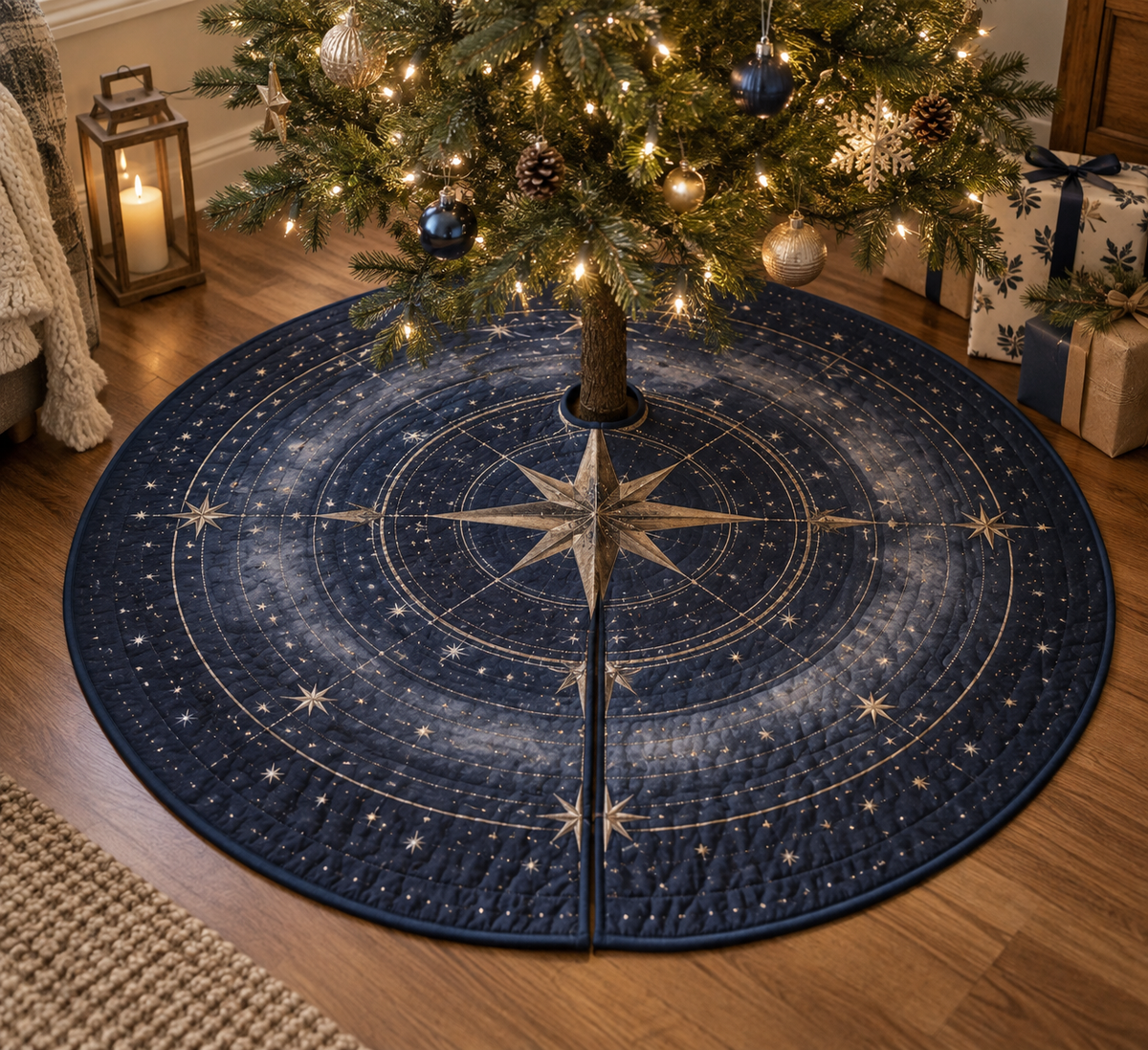 Star Compass Quiet Corner Tree Skirt with flat printed optical 3D ivory compass rose, muted brass points and slate-blue celestial rings